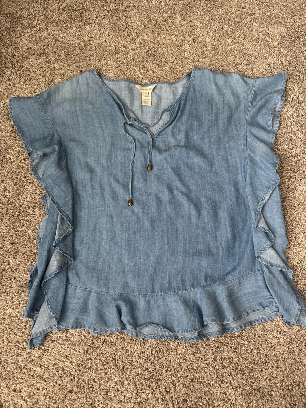 Multiples Light Blue Ruffle Sleeve Tie Neck Top